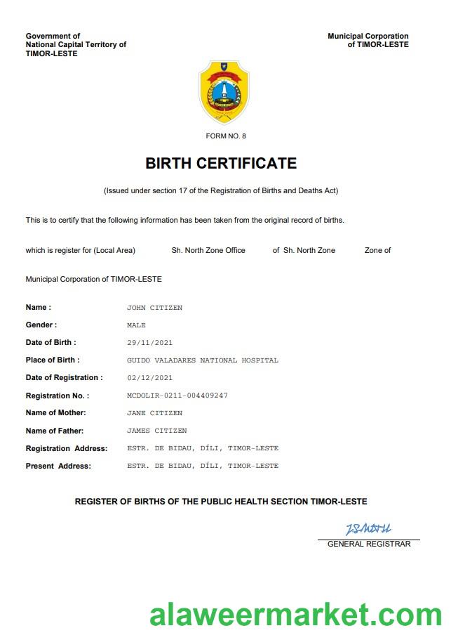 Timor-Leste birth certificate Word and PDF template